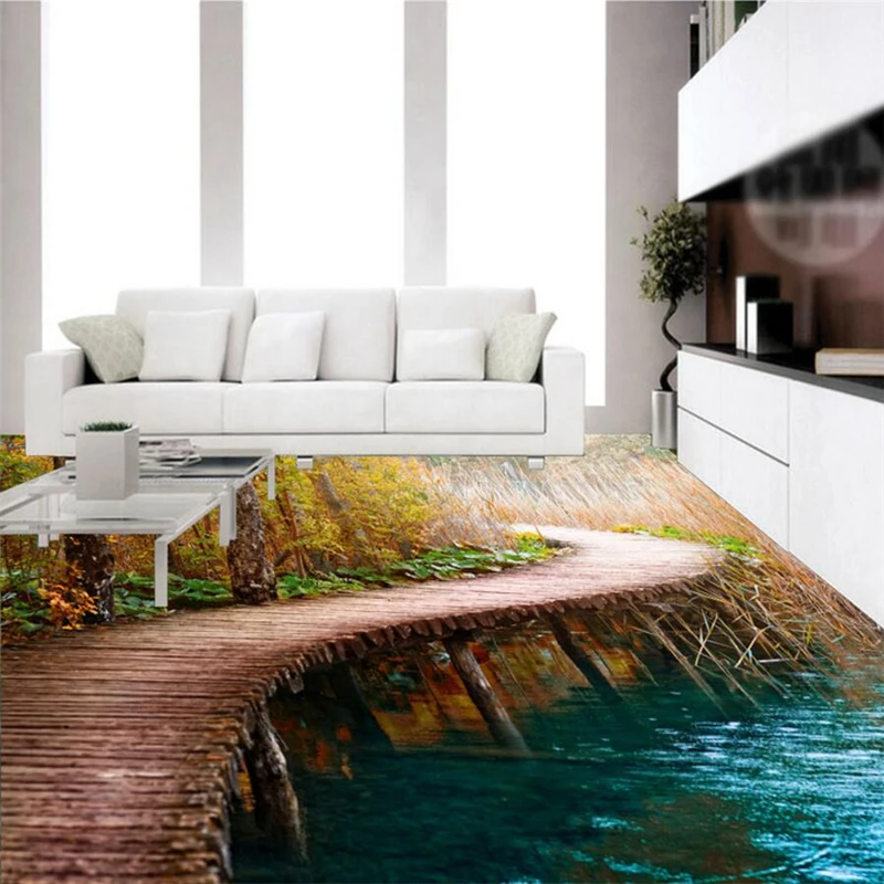 Custom creative bathroom kitchen living room forest bridge wood 3D floor three-dimensional decorative painting self-adhesive pas