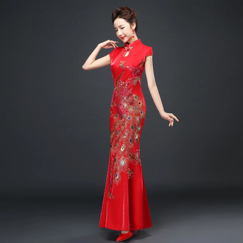 

Chinese Japanese Style Wedding Red Modified Slim Body Bride Elegant Clothing Fishtail Cheongsam Long Dress Walking Show Costume