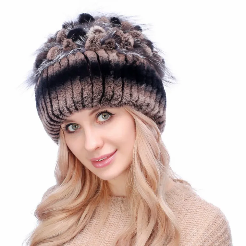 Rex Rabbit Fur Knitted Hat Ladies Fall Winter Fox Fur Floral Earmuffs Cap Women Korean Thick Warm Fashion Girl Beanie Caps H7040