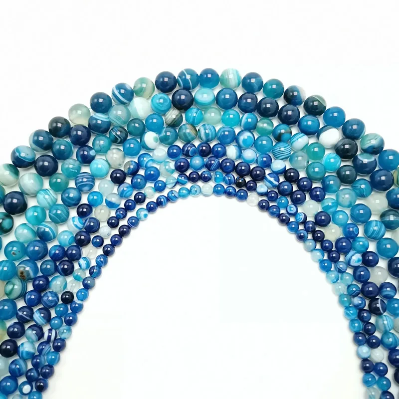 Natural Peacock Blue Zircon Stripe Agates Round Loose Beads 6 8 10 12 14 MM Pick Size For Jewelry Making