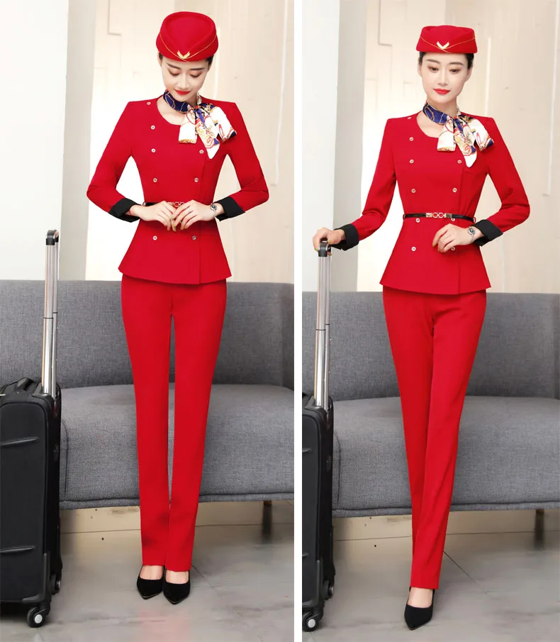 IZICFLY New Style Red Airline Stewardess Clothes Women Pant Suit Hotel Reception SPA Restaurant Waitress Uniform For Work Wear