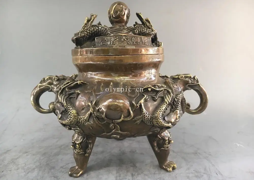 

11'' Copper carved auspicious beast animal Nine Dragon incense burner censer