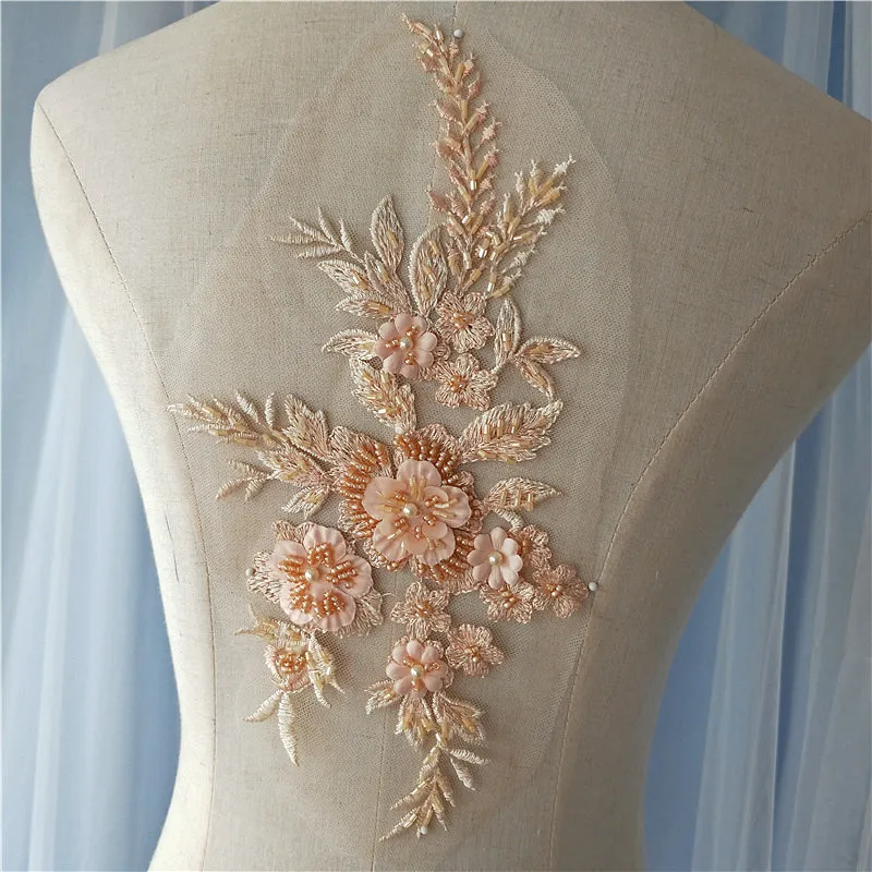 Elegant 3D Flower Embroidery Lace Applique, Pearl Beaded Lace, Trim Dress Fabrics, Material Colors, 28*16.5cm, 1 Pc