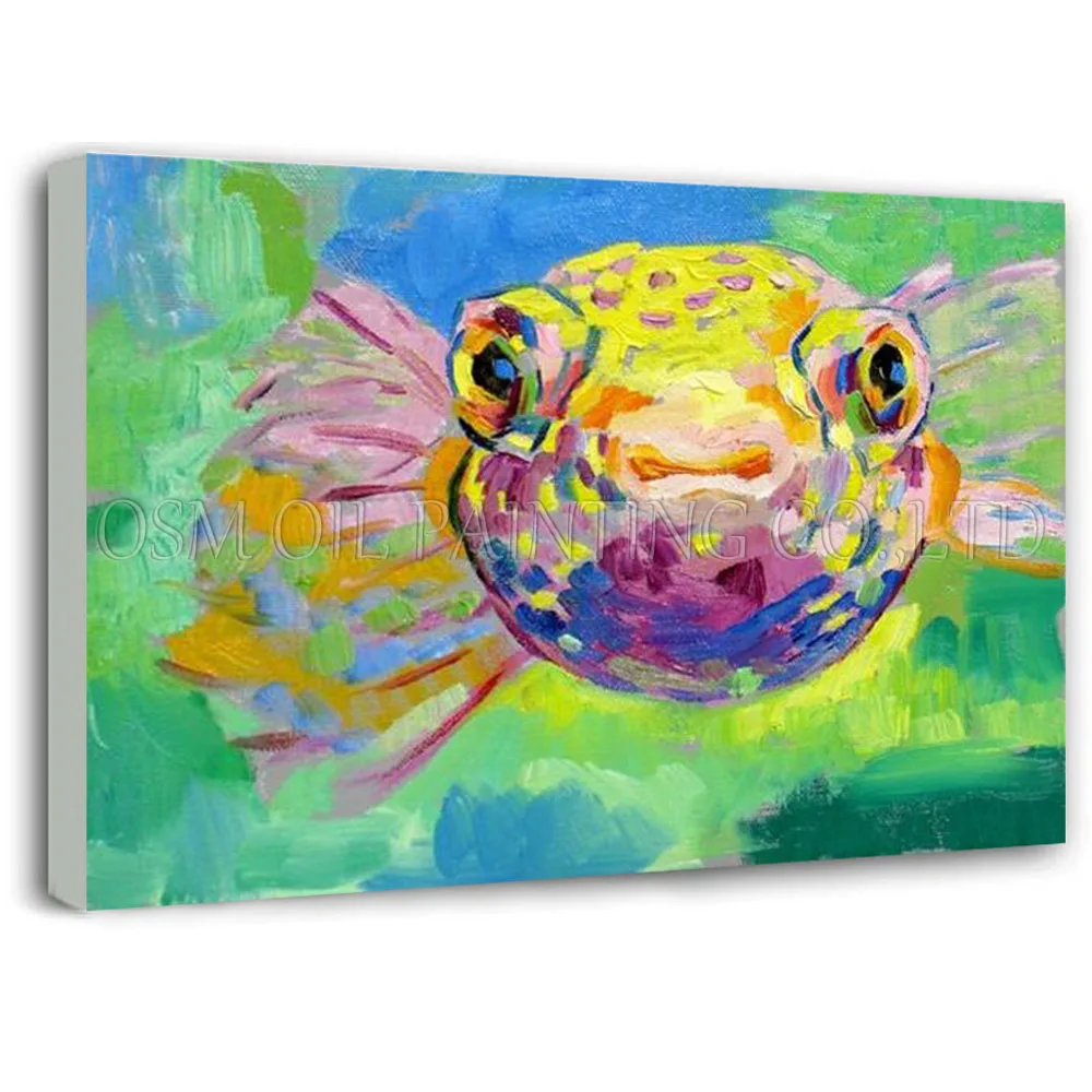 Manufacturer Wholesale Hand-painted Puffer Fish Head Oil Painting on Canvas Funny Animal Special Fish Puffer Oil Painting