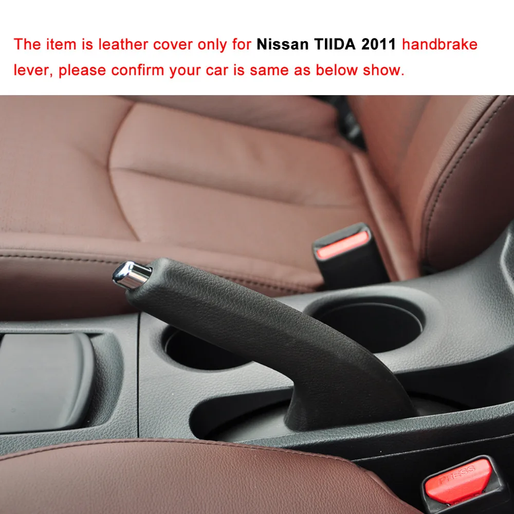 Yuji-Hong Car Handbrake Covers For Nissan TIIDA 2011~ Auto Handbrake Cover Genuine Leather Grips Black/Red thread