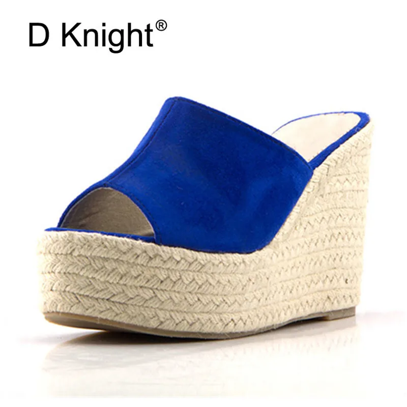 Brand Plus Size 30-43 Women Platform Wedges Slippers Summer Outside Black Woman Slides Sandals Mules Wedges High Heel Shoes Blue