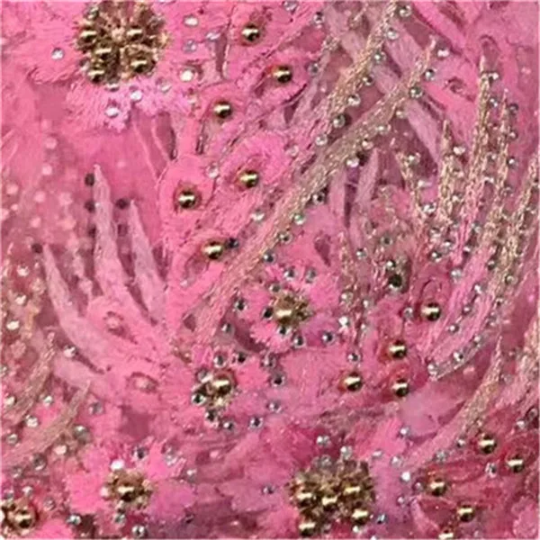 African lace fabric with pink beads, high quality African tulle fabric, luxury design with full stones, 2019