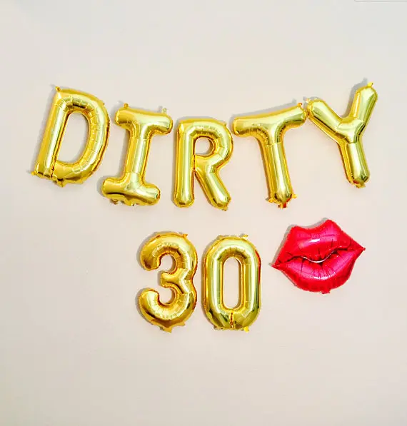 gold or silver Thirty and Flirty DIRTY 30 with red lip birthday letter balloons photo backdrops party decorations