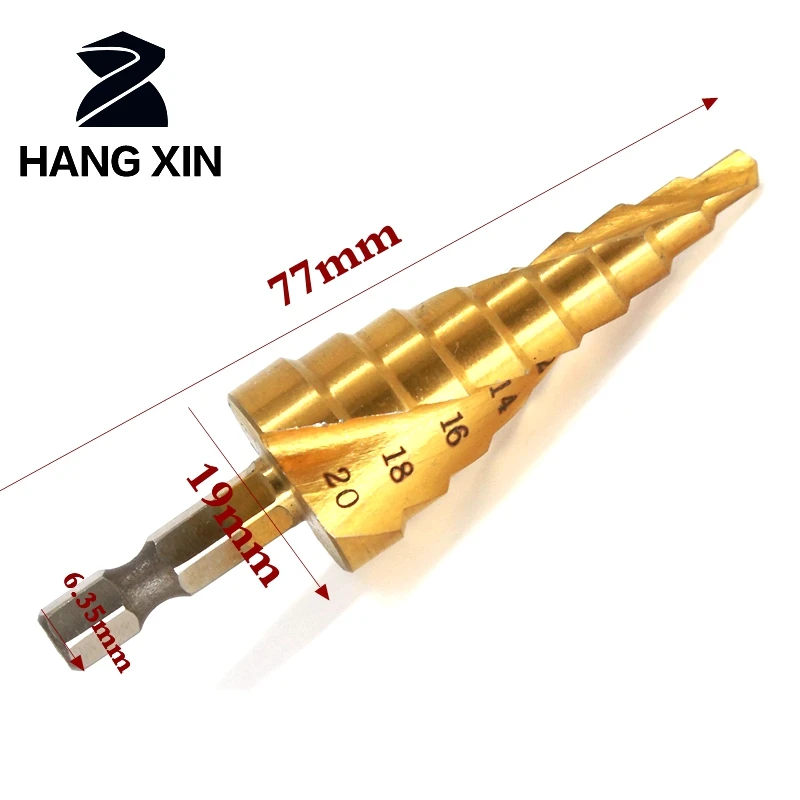 HANGXIN Hss High Speed Steel Titanium Coated Spiral Grooved Step Drill Bits Set Cone Drill Hole Cutter Bit Set Hex Shank 4-20MM