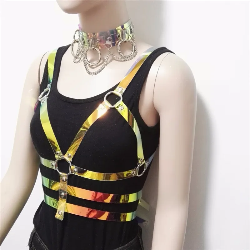 Women Laser Transparent PVC Caged Bra Body Harness Belt 2019 Sexy Waist Belt Bondage Female Holographic Strap Top Waist Belts