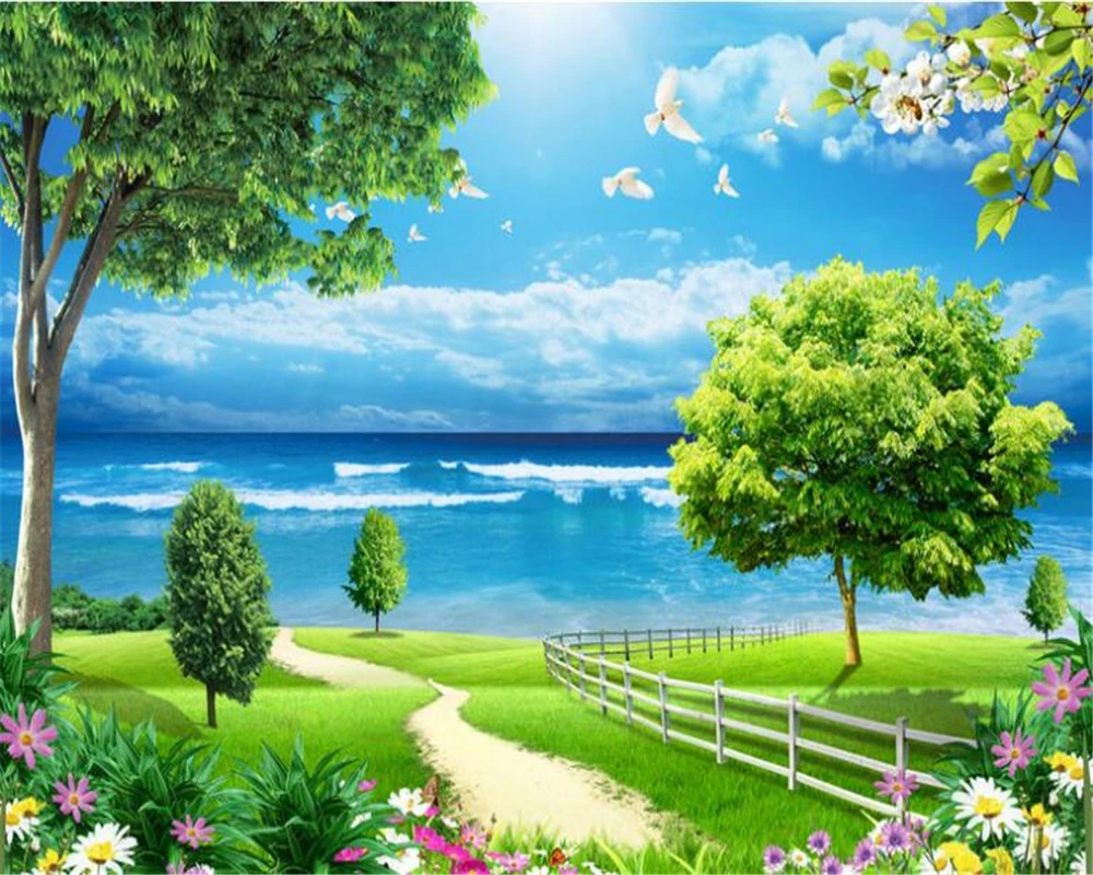 

Beibehang 3d wallpaper landscape picture blue sky white clouds trees flowers landscape living room bedroom TV mural wallpaper 3d