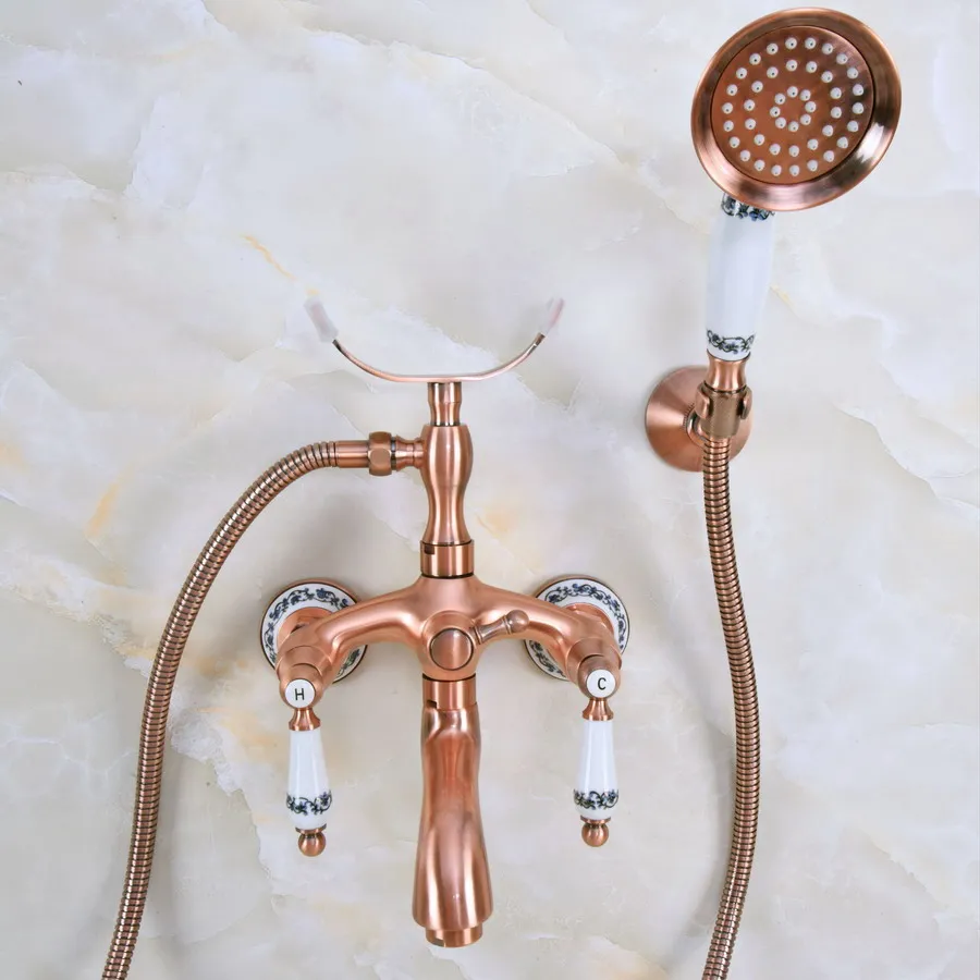 

Antique Red Copper Brass Double Ceramic Handles Wall Mounted Bathroom Clawfoot Bathtub Tub Faucet Mixer Tap w/Hand Shower ana367