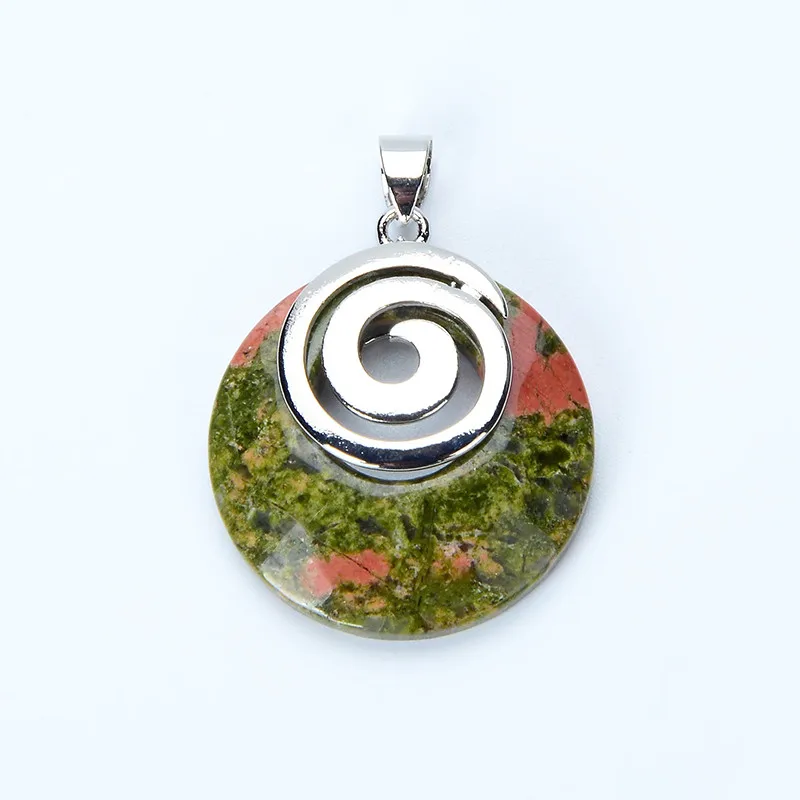 Natural Stone Pendant for Necklaces Hollow Out Round Spiral Metal Charms Purple White Crystal Tiger Eye Aventurine Reiki Jewelry
