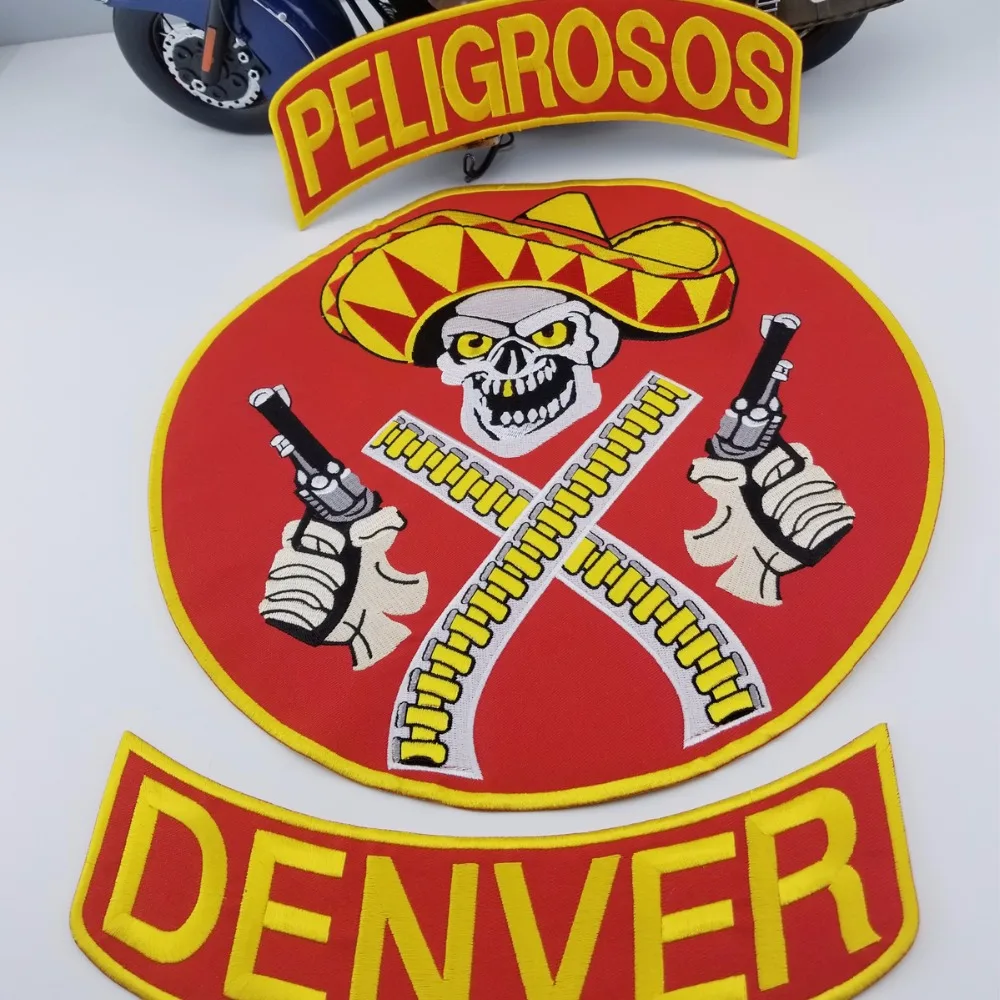 HOT SALE PELIGROSOS DENVER RED COWBOY WITH GUN MOTORCYCLE CLUB VEST OUTLAW BIKER MC JACKET PUNK LARGE BACK IRON ON WEST PATCH