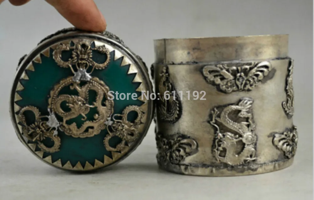 Asian home Decorated Old Handwork Tibet Silver Dragon Phoenix vintage big Toothpick Box