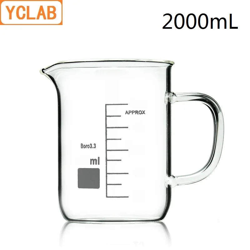 YCLAB 2000mL Beaker Low Form Borosilicate 3.3 Glass 2L with Graduation Handle Spout Measuring Cup Laboratory Chemistry Equipment