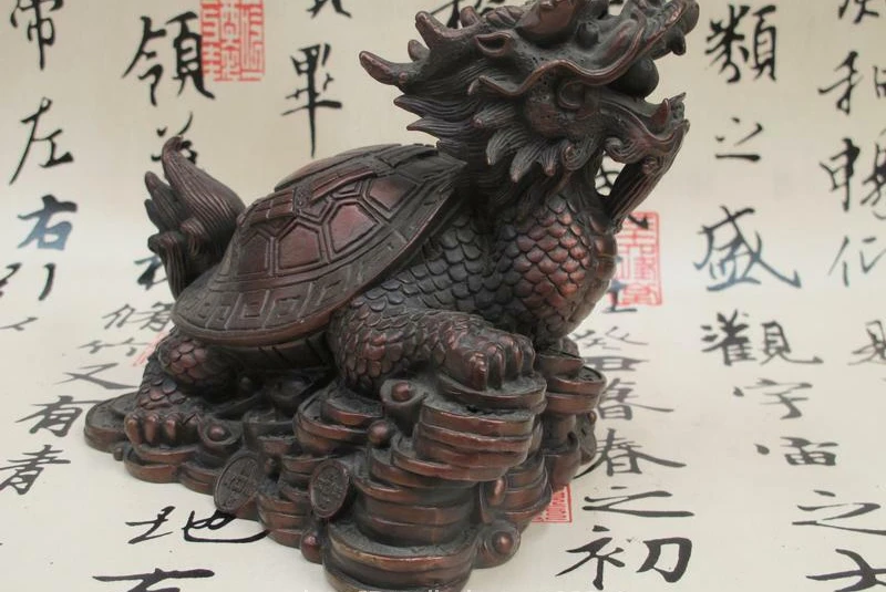 Chinese folk Feng Shui red bronze Lucky Money Wealth Dragon Turtle Beast Statue 22cm