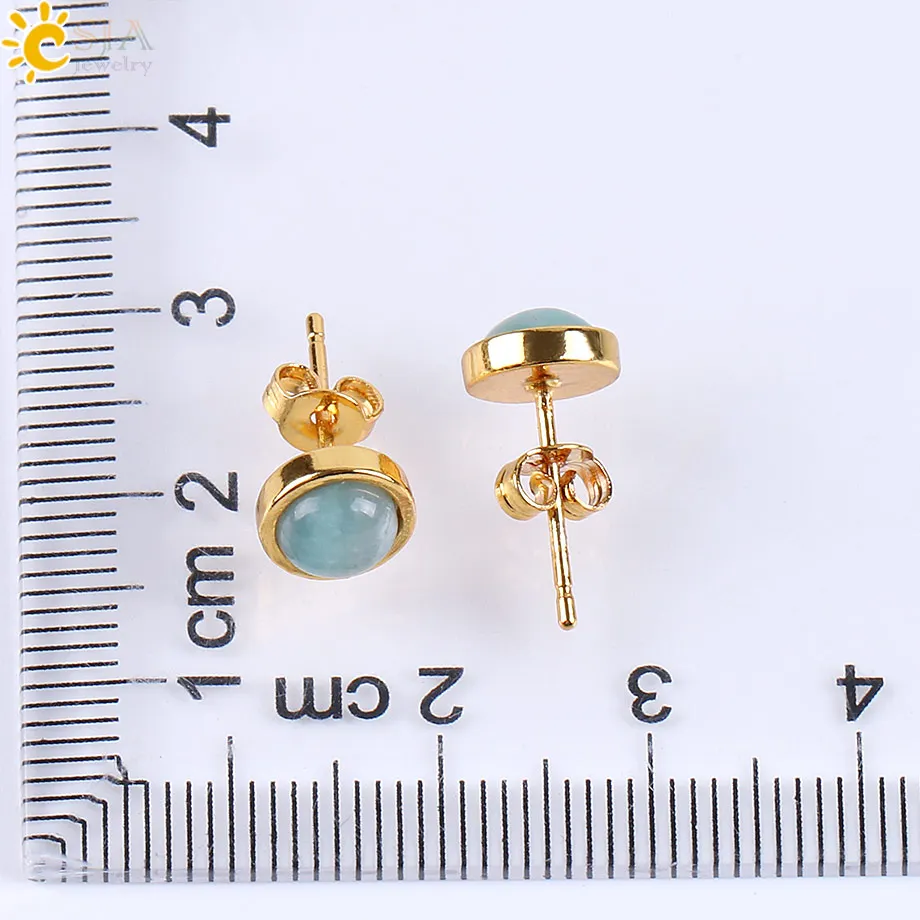 CSJA Cute Tiny Round Stud Earrings for Women Gold Color Ear Piercing Natural Gem Stone Bead Onyx Black Crystal Earring E596
