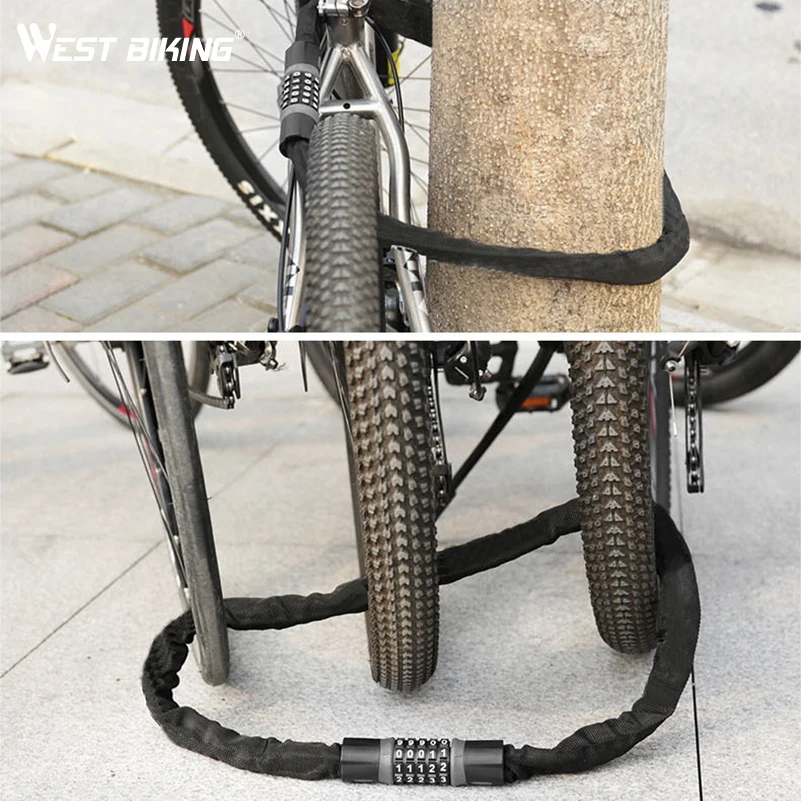 WEST BIKING Bicycle Padlock Anti-theft Steel Password Code Motorcycle Lock Electric Scooter Safty Chain Lock Bicycle Accessories