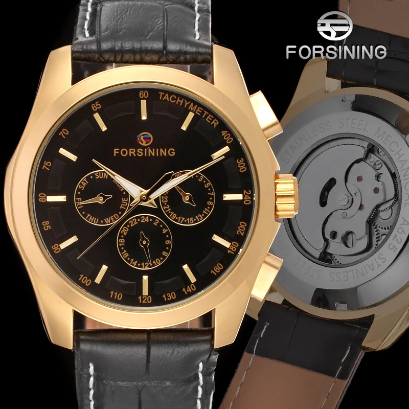 Fashion Forsining Top Brand Men Automatic Mechanical Watch Men's Gold Casual Wristwatches Genuine Leather Calendar 24 Hour Clock