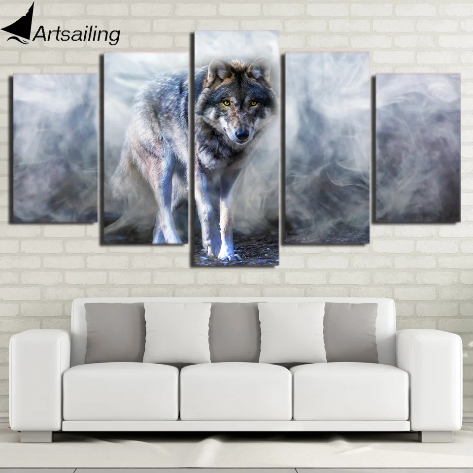 HD Printed 5 Piece Canvas Art Wolf Painting White Smoke Modular Wall Pictures for Living Room Modern Free Shipping CU-2428B