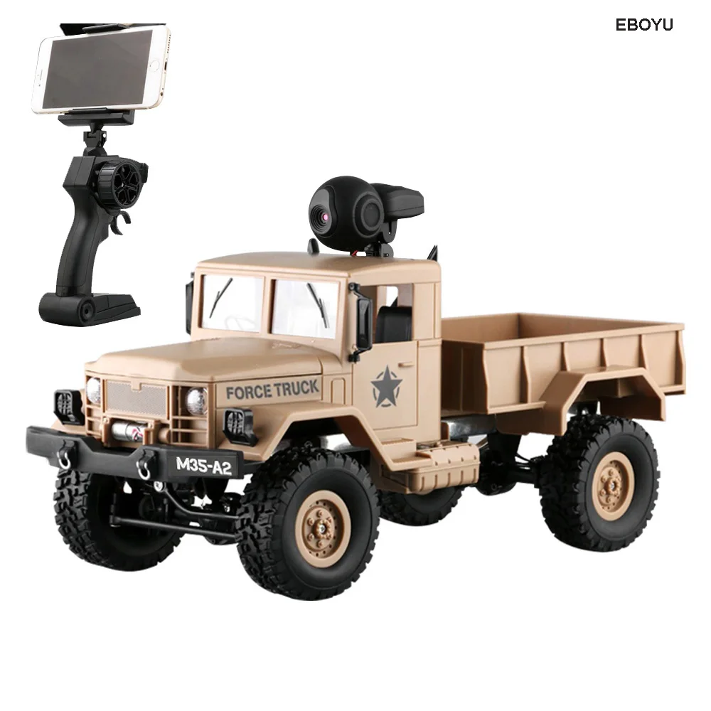 

EBOYU FY001A WiFi RC Truck 2.4Ghz 1/16 4WD Off-road RC Car with Front Light WiFi FPV 480P HD Camera Brushed Military Truck RTR