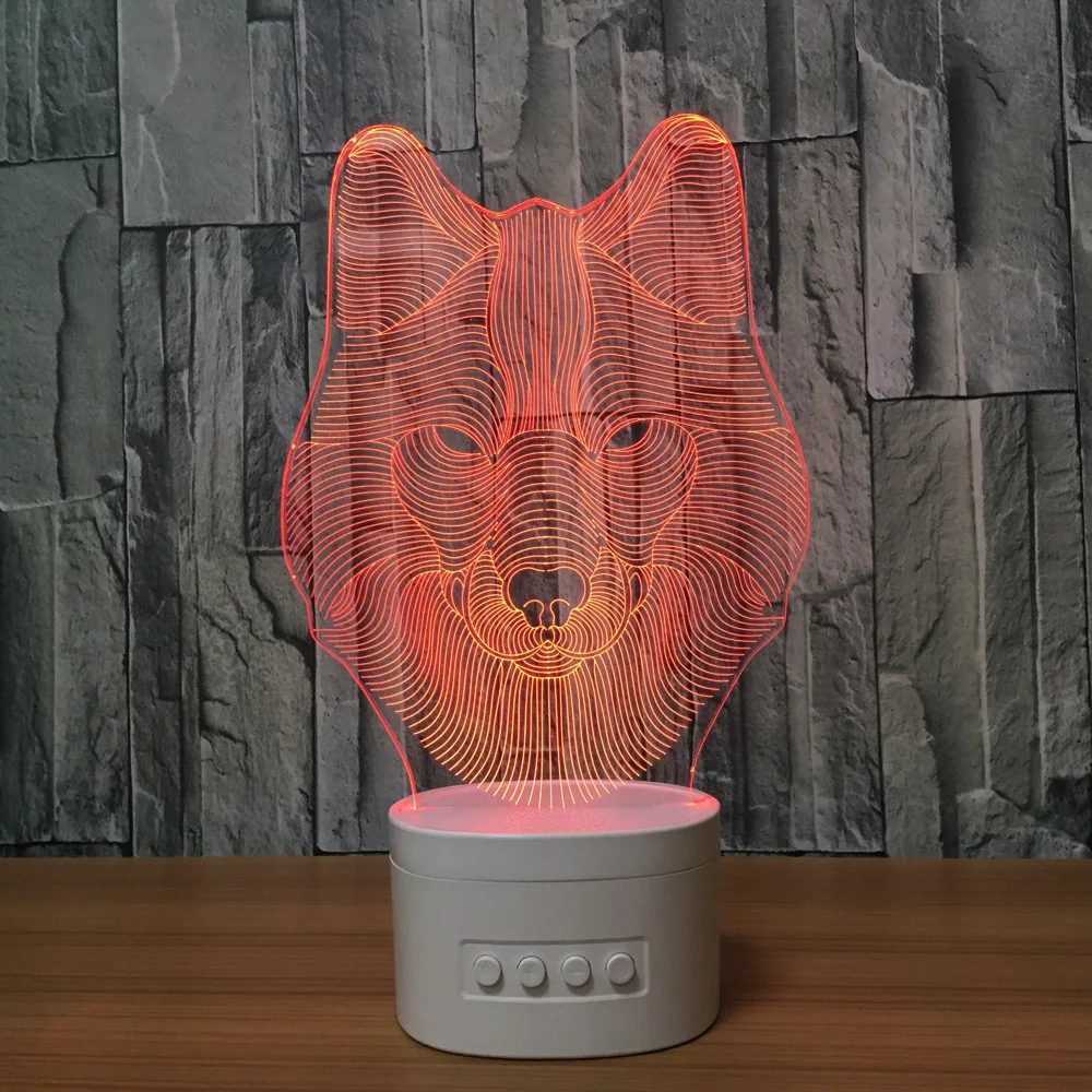 Wolf head acrylic led night light White Wireless speaker base USB charging TF card 5 color adjustable Action figure gifts Y100