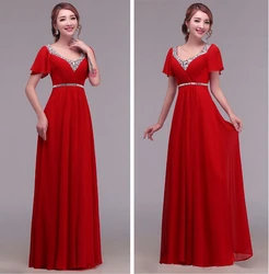 Cheap New 2016 formal bandage lace up red long beading chiffon V-neck prom party gown vestidos longo vestido evening dress