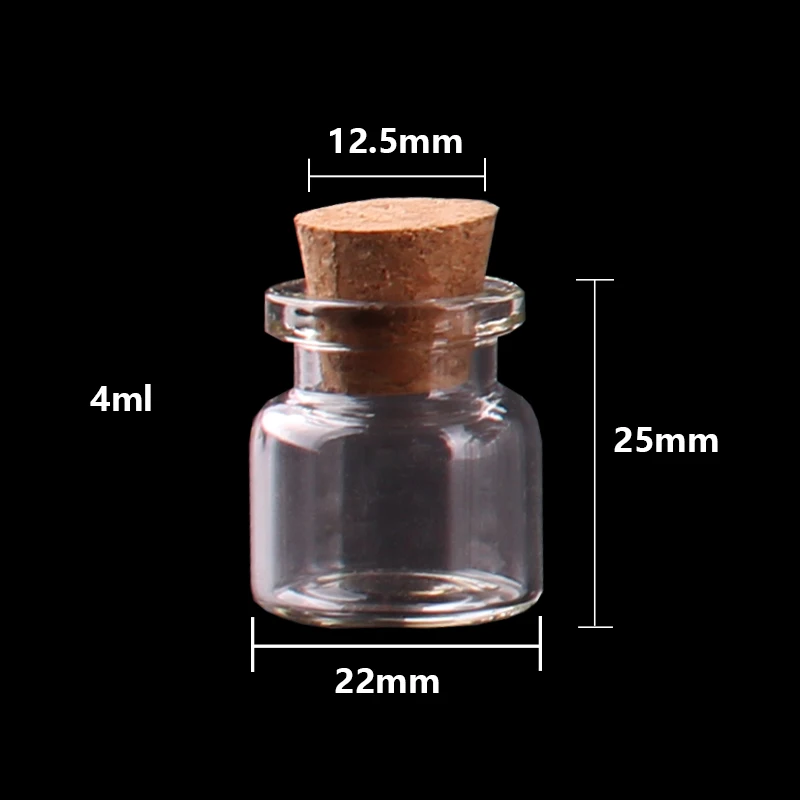 100pcs 22*25*12.5mm 4ml Mini Glass Wishing Spice Bottles Tiny Jars Vials With Cork Stopper pendant crafts wedding gift