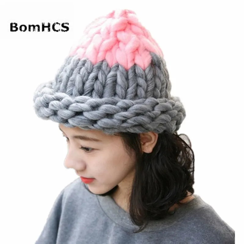 BomHCS Winter Thick warm Beanies Handmade Knitted Coarse Lines Hat Patchwork  Cap Women Accessories