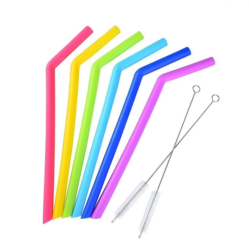 

100sets 6pcs bent straws with 2pcs brush reusable silicone drinking straw children fruit juice milk tea straw wen6179