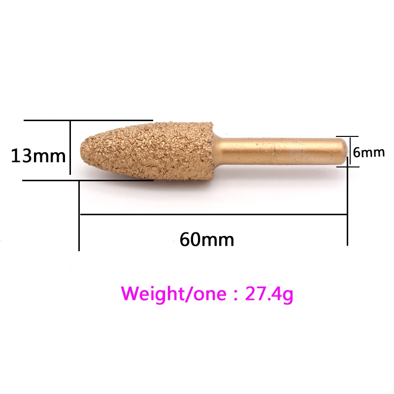 1pcs 6mm Shank Bullet Vacuum Brazed Diamond Burrs Alloy Grinding Head 60mm For Stone Jade Peeling Stone Electric Carving Tools