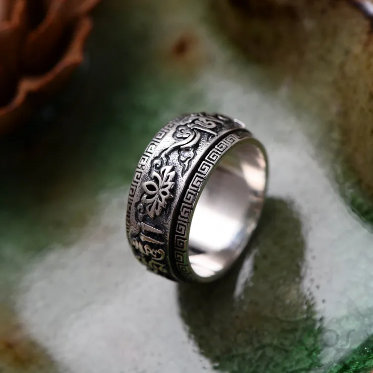 Vintage Black 925 Sterling Silver Buddhist Sanskrit Om Mani Padme Hum Mantra Spinner Ring Band Jewelry for Men Women 10mm