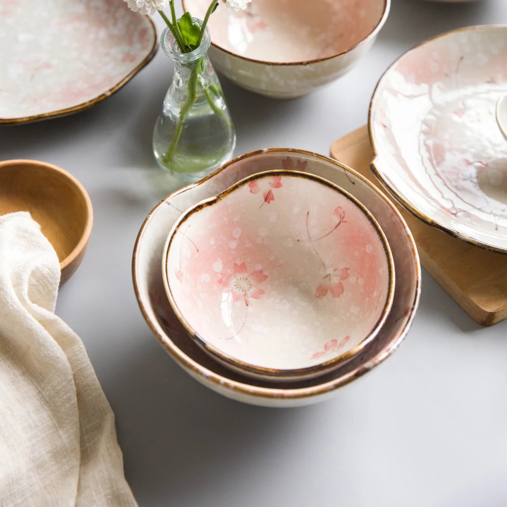 Japanese Cherry Blossoms Snowflake Glaze Hand-painted Ceramic Tableware Retro Plate Rice Bowl Household Tableware Set Frankfurt