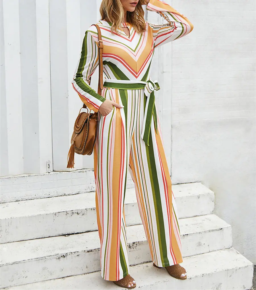 Pdfmily Musim Gugur Musim Dingin Wanita Bergaris Kasual Jumpsuit Warna-warni Hollow Out Lengan Panjang Romper Wanita Frenulum Keseluruhan Jumpsuit