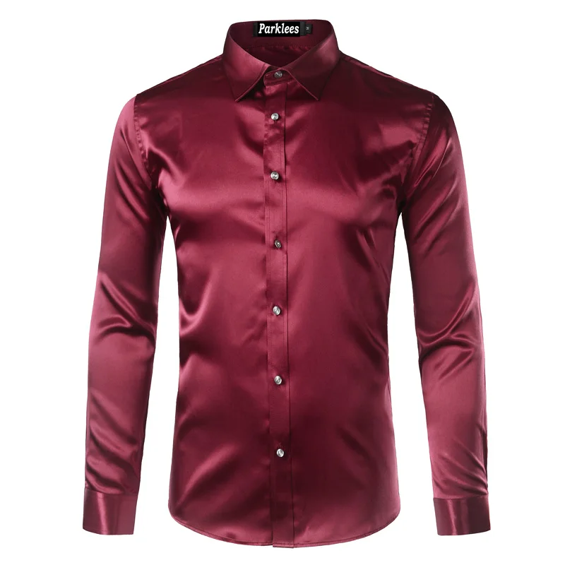 Camisa de satén de seda de alta calidad para hombre, camisa informal de manga larga, ajustada, para negocios y boda, 2023