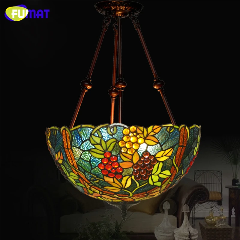 FUMAT Stained Glass Pendant Light 17 Inch 3 Editions Art Glass Grapes Lamp Dinner Room Living Room Restaurant Light Fixtures