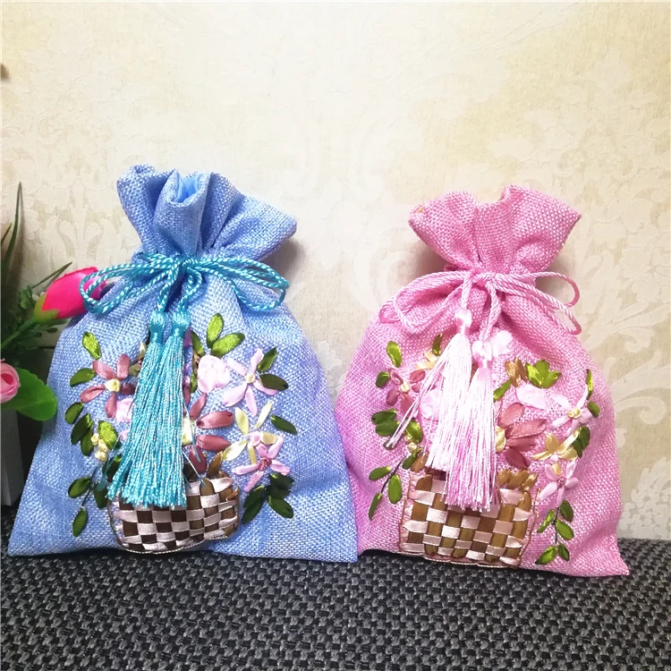 Hand Ribbon Embroidery Large Christmas Burlap Bags Gift Pouch Wedding Party Favor Bags Drawstring Bunk Packaging Bags 10pcs/lot