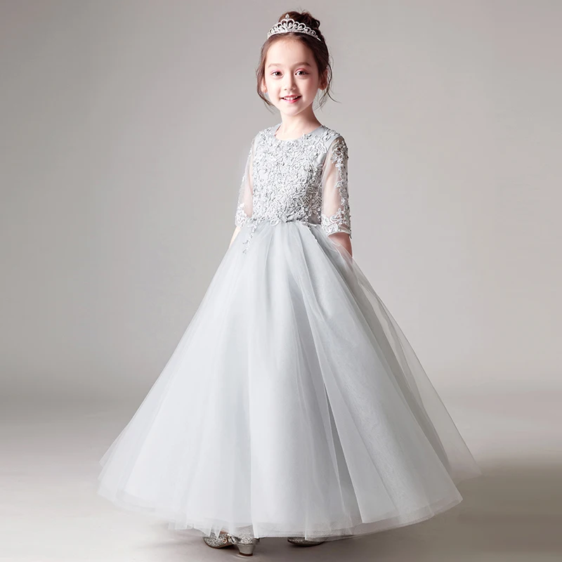 Elegant Gray Tulle Flower Girl Dress For Weddings Baby Baptism Gown Party Pageant Princess Sequin Long Kid First Communion Dress