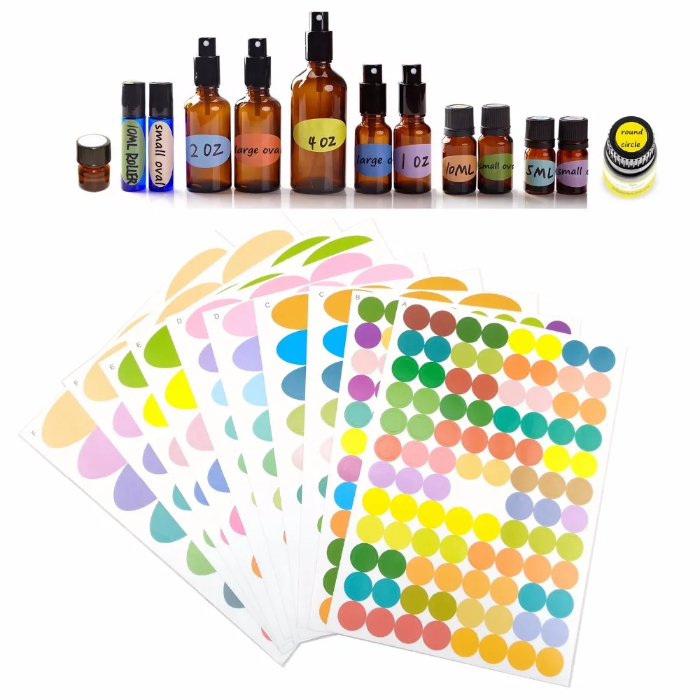 

1 set 10 sheets Colorful Glass Essential Oil Bottle Cap Lid Labels Multiple Size includes Blank Round Circles Ovals Stickers