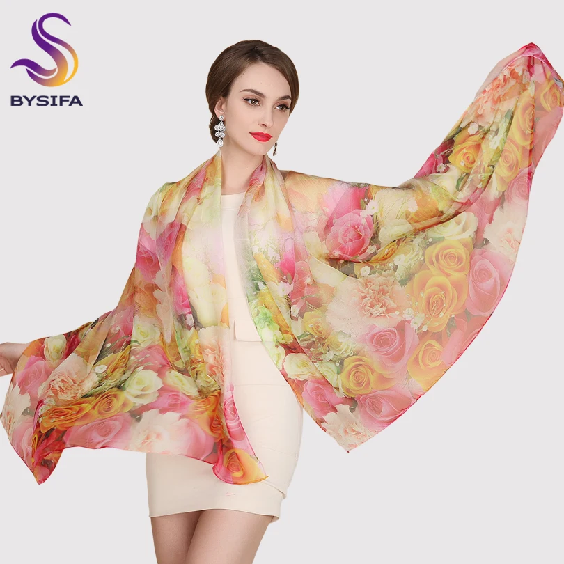 New Spring Autumn Ladies Pure Silk Scarf Winter Accessories Long Design Pink Scarves Wraps Women Digital Injket Sunshade Shawl