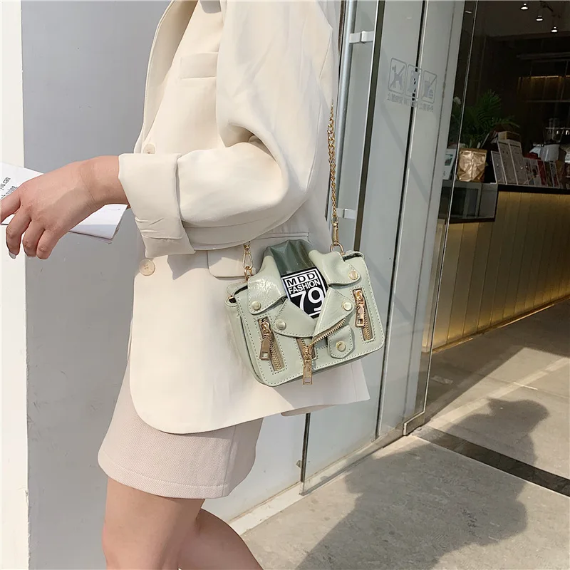 New European Brand Designer Chain Motorcycle Bags Women Clothing Shoulder Rivet Jacket Bags Messenger Bag Women Leather Handbags