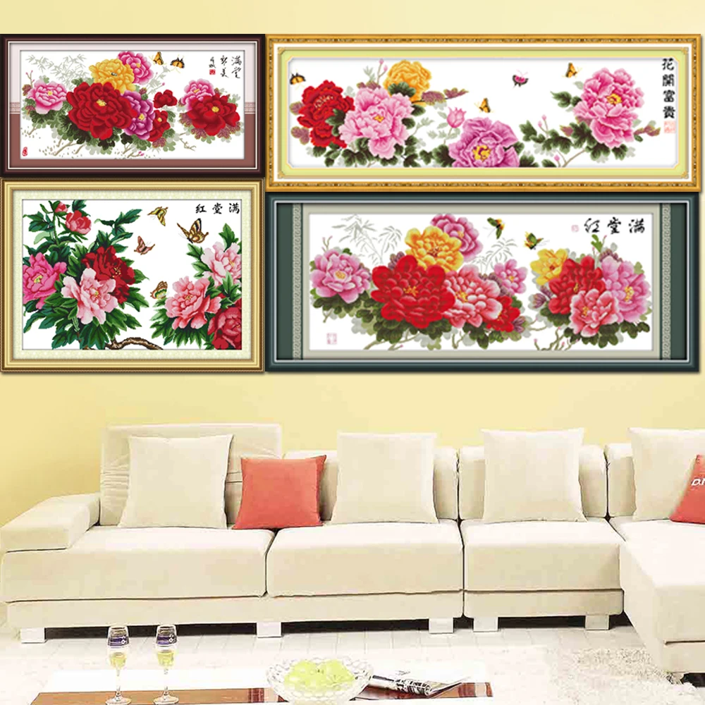 Joy Sunday-Counted and Stamped Flowers Cross Stitch Kits, Success in Every Field Peony, Home Decoration, H003, 1, 2, 3, 4