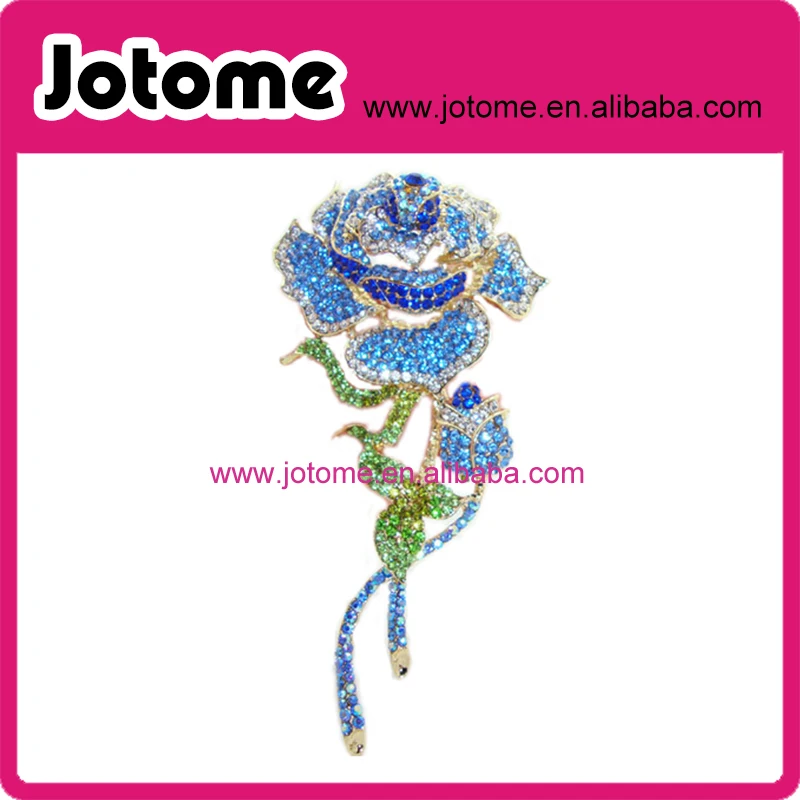 

New elegant 70mm charming blue rhinestone crystal rose flower decorative brooch pins