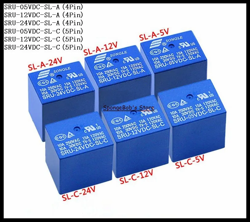 5pcs/Lot SRU-05VDC-SL-A / SRU-12VDC-SL-A / SRU-24VDC-SL-A SONGLE Power Relay 4Pins 5V 12V 24V 15A T70