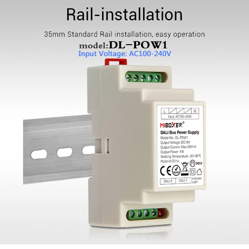 MiBOXER DL-POW1 DALI Bus Power Supply DIN Rail DC16V Output Current 250mA Max Reted Power 4W AC100-240V