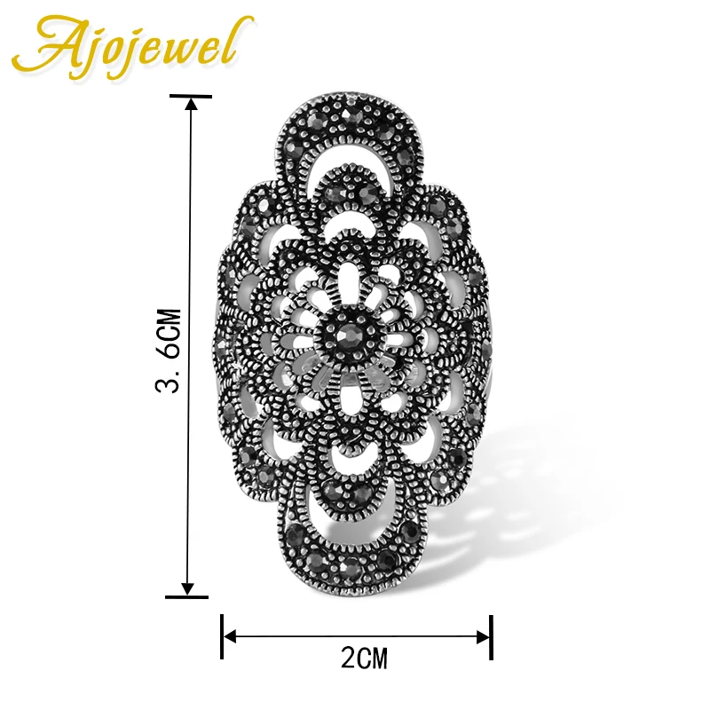 Ajojewel #7-10 Hollow Flower Female Ring Black Rhinestone Antique Jewelry New Fashion Accessories