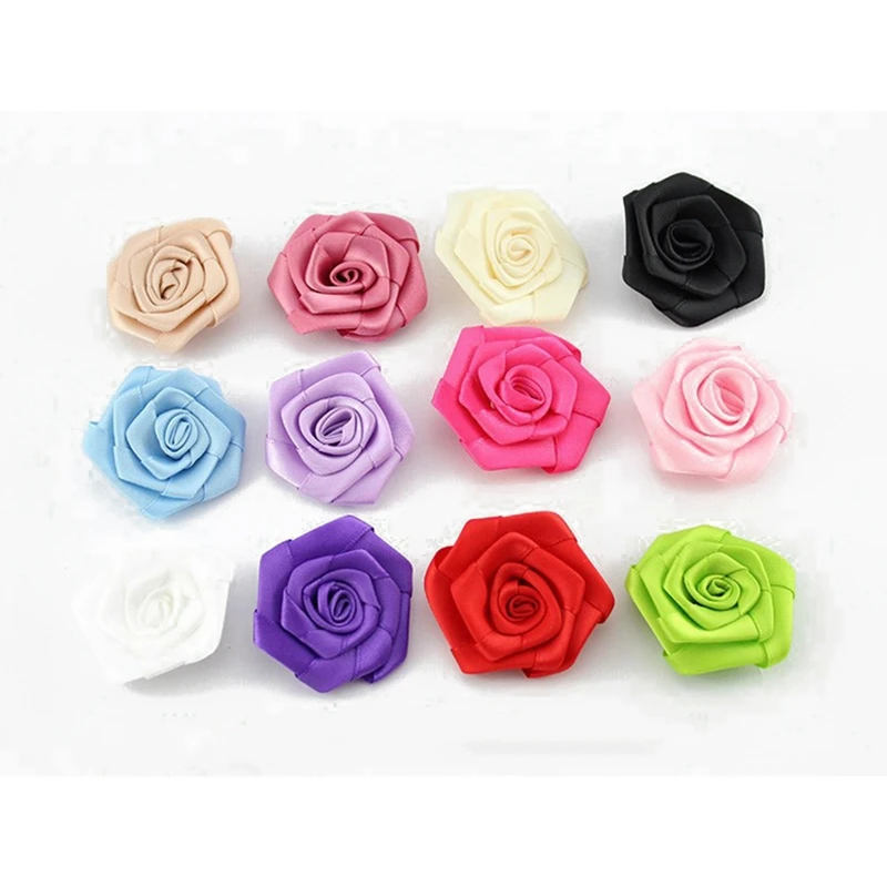 

50pcs/lot 1.9" 12colors Mini Satin Ribbon Rose Flowers Hair Clip For Kids Hair Accessories Fabric Flowers For Headbands Supplies