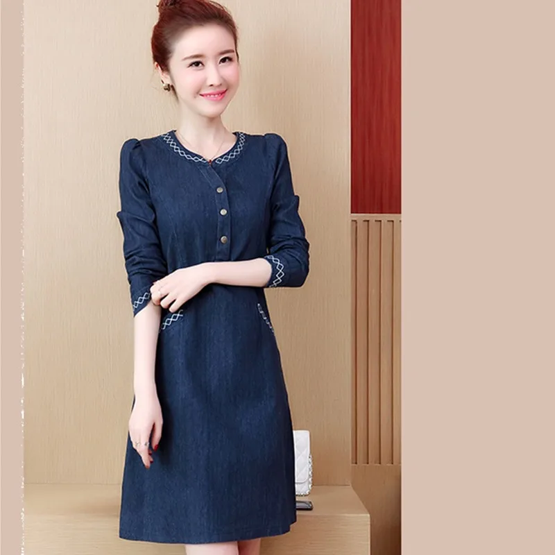 UHYTGF Korean Fashion Women Spring Autumn Denim Dress Long Sleeve Mini Dress Embroidered Pocket Female 5XL Big Size Dresses 240