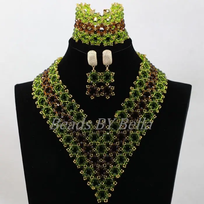 Handmade Hot African Costume Jewelry Sets Green Brown Crystal Women Nigerian Party Beads Lace Jewelry Sets Free Shipping ABK983